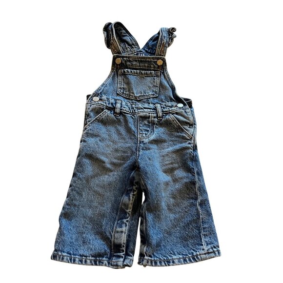 Baby Denim Overalls 6-12 M Gap - Medium Wash Adjustable Straps Snaps & Pockets - Picture 2 of 11